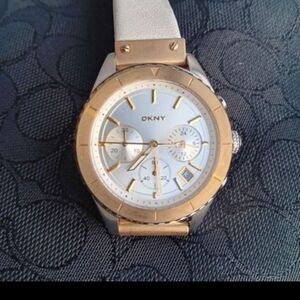 DKNY Gold/Silver Tone Beige Face Leather Strap Womens Watch